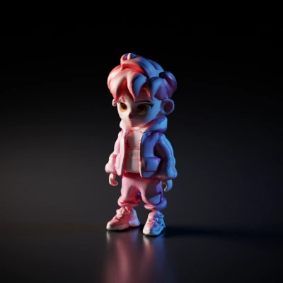 Kid character in casual attire, stylized design.
