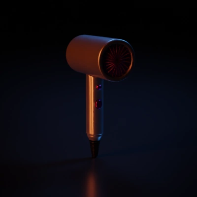 Hair dryer, cylindrical shape, built-in fan, handheld.