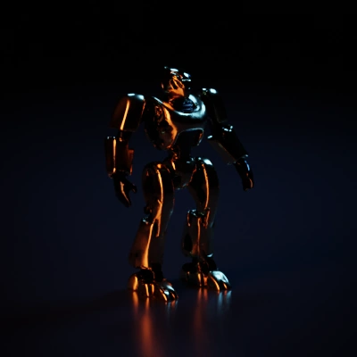Humanoid robot with mechanical joints and detailed armor.
