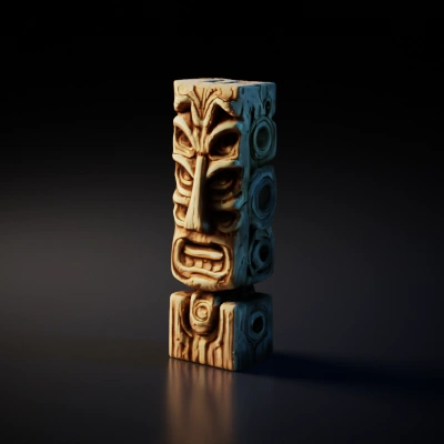 Totem pole with intricate carvings, human-like face.