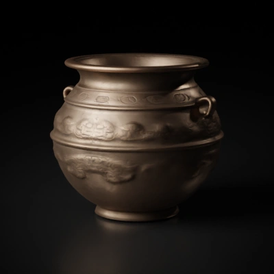 Metal urn with intricate carvings.