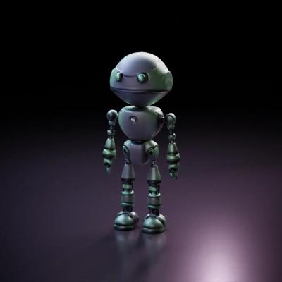 Humanoid robot with antennas, futuristic design, round features. simple hands, has a jetpack
