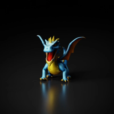 Cartoonish dragon with open mouth and wings spread.