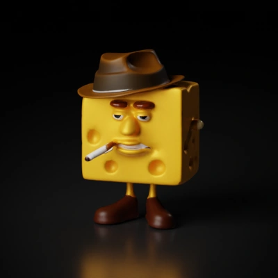 Anthropomorphic cheese block with hat and cigarette.