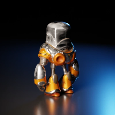 Robot with astronaut-style helmet and mechanical limbs.