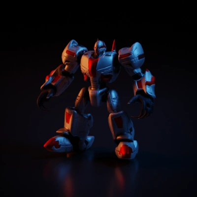 Giant battle-ready mech with laser weapons, four legs.
