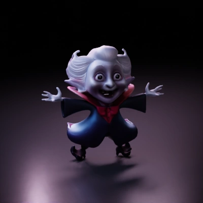 Cartoon vampire with wide grin and outstretched arms.