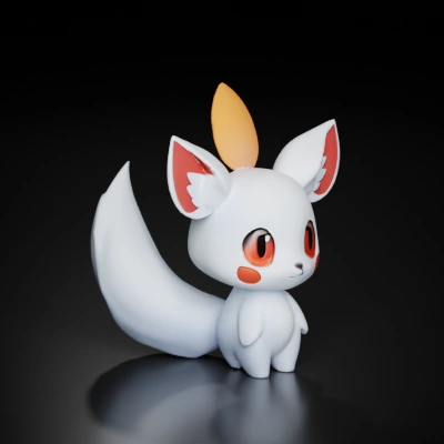 Chibi fox character, large ears and fluffy tail. a mythical white fox with multiple luminous tails highlighted by vibrant red and orange tips, featuring intense red eyes and a serene yet majestic posture