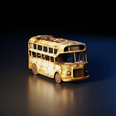 Old, rusted double-decker bus, post-apocalyptic design.