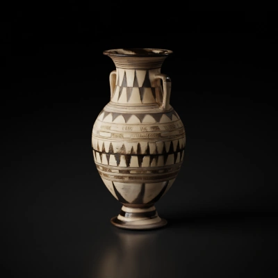 Ancient Greek amphora, intricate patterns, museum artifact.