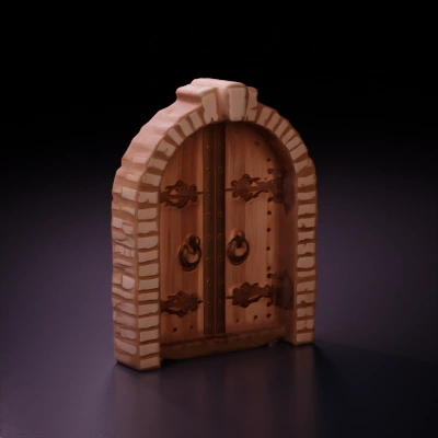 Medieval wooden double door with metal ornamentation.