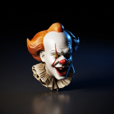 clown bust with orange hair and ruffled collar.
