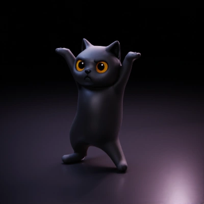 Gray cat with arms raised.