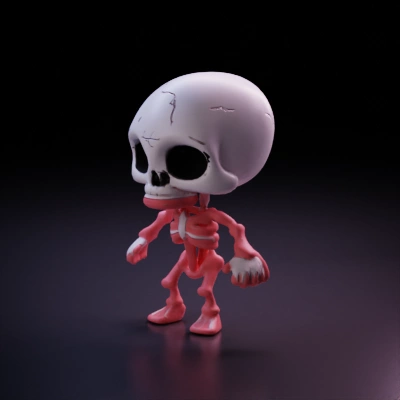 Cartoon humanoid skeleton with large head, exaggerated features. t-pose