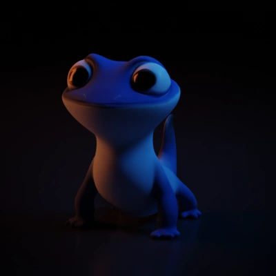 Cute animated lizard character, big eyes.