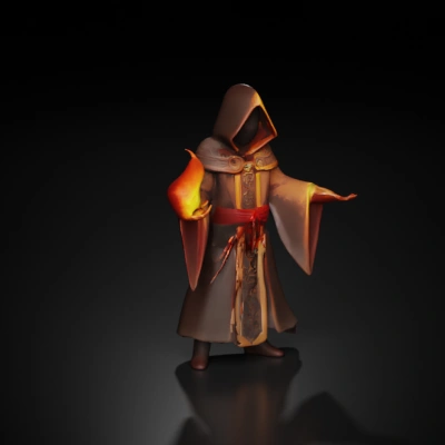 Hooded mage with ornate robe holding fireball.