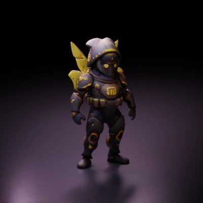 Heavily armored sci-fi soldier with futuristic design, exosuit.