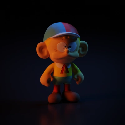 Cartoonish character, winking face, large ears, short stature.