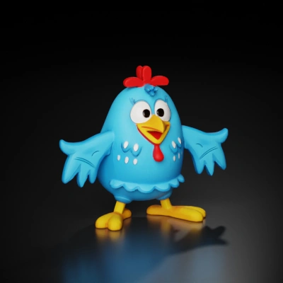 Cartoon blue chicken character.
