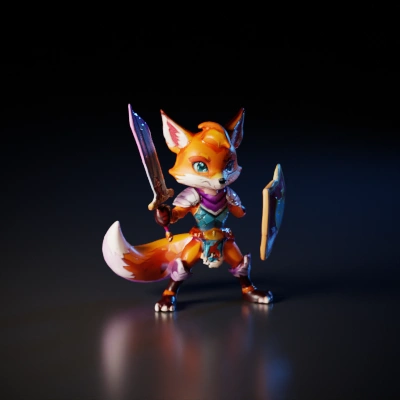 Anthropomorphic fox knight with armor, sword, and shield.