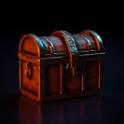Treasure chest with metal reinforcements, wooden panels.