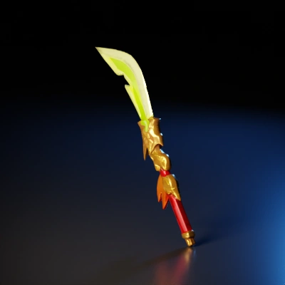 Game sword with ornate blade, emerald color, and red handle.