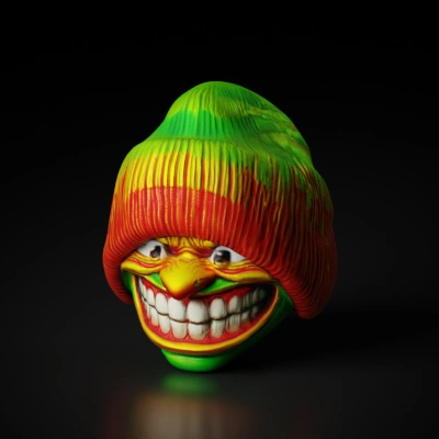 Grotesque smiling face with exaggerated features and a beanie.