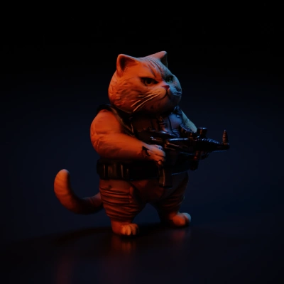 Armed anthropomorphic cat with tactical gear, gun-toting.