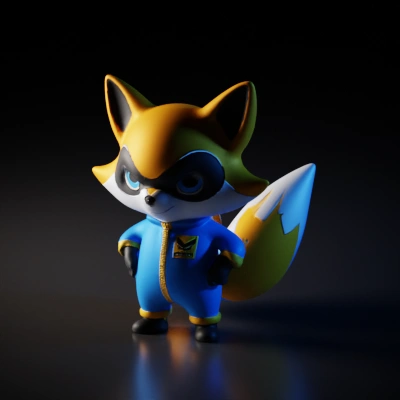 Humanoid fox in blue outfit with a mischievous expression.