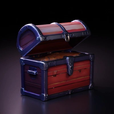 Treasure chest filled with gold, metallic parts.