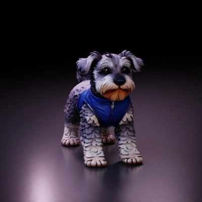 Small dog in blue vest.