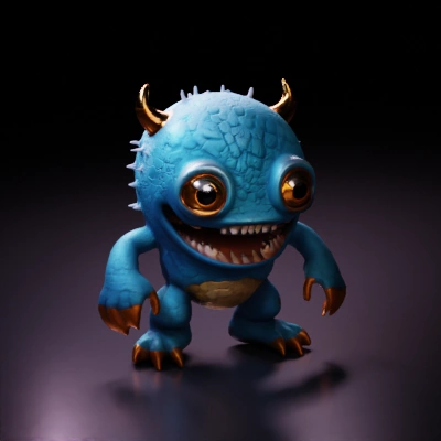 Cartoonish monster with big eyes, scary teeth.