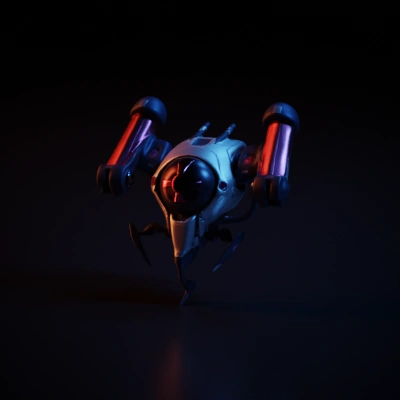 Small robotic drone with cylindrical arms, futuristic design.