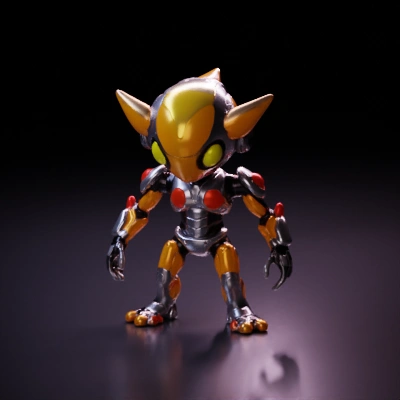 Small humanoid robot with large eyes, armored body.