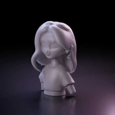 Stylized female cartoon character, smiling.