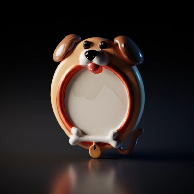 Circular dog character with bone on front. picture fame