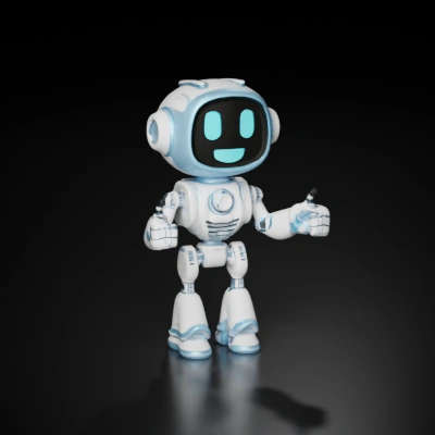 Friendly humanoid robot, thumbs up, smiley face.
