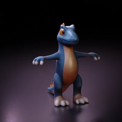 Cute Cartoonish dinosaur with large eyes, standing on two legs,arms spread,T pose.