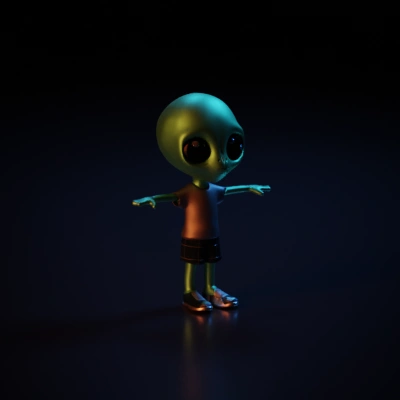 Alien with big eyes, wearing casual clothes.