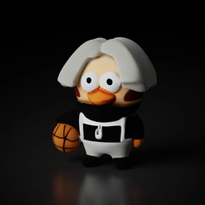 Cartoon chicken in basketball attire, happy expression.