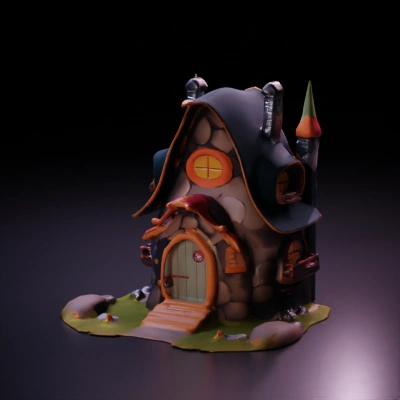 Whimsical fairy-tale house with rounded stones, fantasy style.