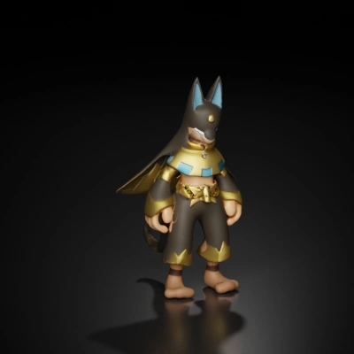 Anthropomorphic wolf-like character, warrior costume, fantasy setting.
