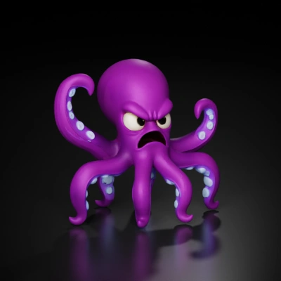 cartoon angry purple octopus. design a 3d-rendered, pixar-style angry octopus enemy character for a video game, the octopus should have a vibrant purple body with a semi-glossy, polished surface, its eight tentacles should be thick, exaggerated, and arranged in a dynamic, aggressive battle-ready pose, the distinct and seperated suckers on the underside of the tentacles should glow with a soft bluish or pinkish light, adding an otherworldly, menacing charm, the face should feature large expressive alien cartoon eyes, furrowed eye brows, and an exaggerated angry scowl, use soft, cinematic lighting with a neutral background to emphasize the vivid color palette and animation-ready silhouette, the overall design should match the stylized proportions, visual polish, and playful menace of a pixar-style video game villain