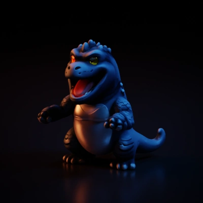 Chubby cartoon dinosaur with sharp teeth, playful expression.