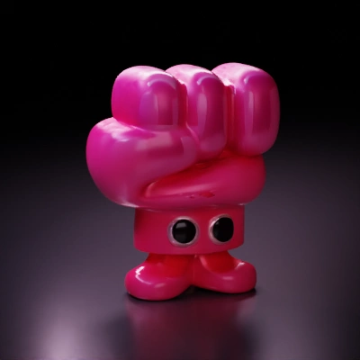 Cartoonish fist-shaped character with expressive eyes.