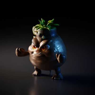 Angry tree stump creature with fists up, leaves sprouting.