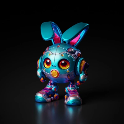 Robot bunny with neon accents, cute and futuristic.