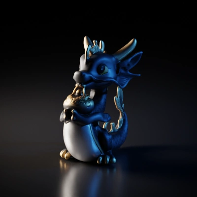 Cute cartoon dragon holding gemstone, large eyes, small wings.