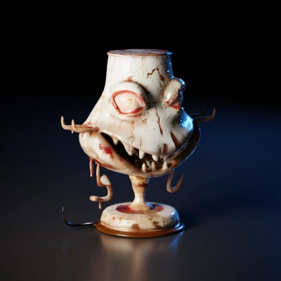 Horrific goblet-like creature with eyes and teeth.