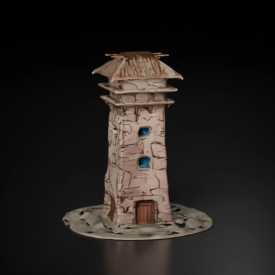 Medieval stone watchtower, numerous windows.